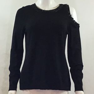 Vince Camuto Black Beaded Cold Shoulder Sweater